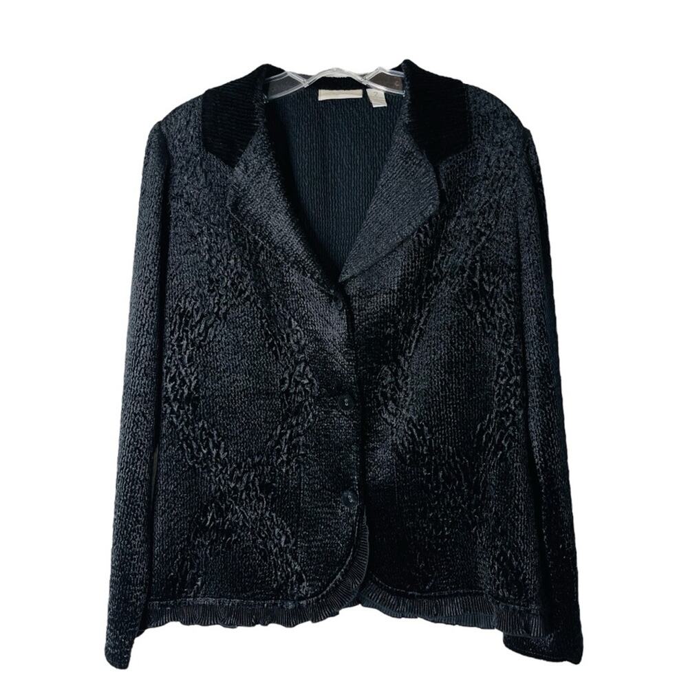 Chico’s black chenille stretch evening ruffle button office blazer jacket 12